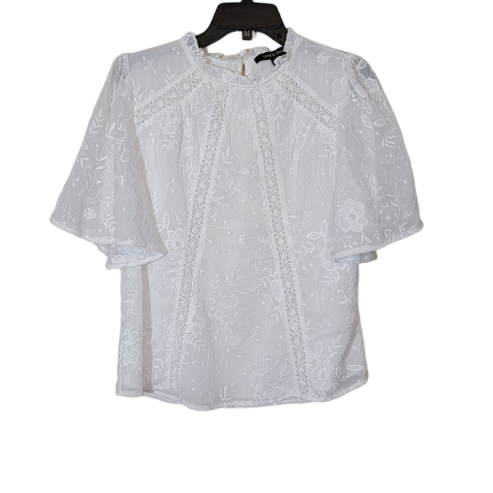 Strut & Bolt Women's Blouse Short Bell Sleeves Lace Up Pullover White Size Small